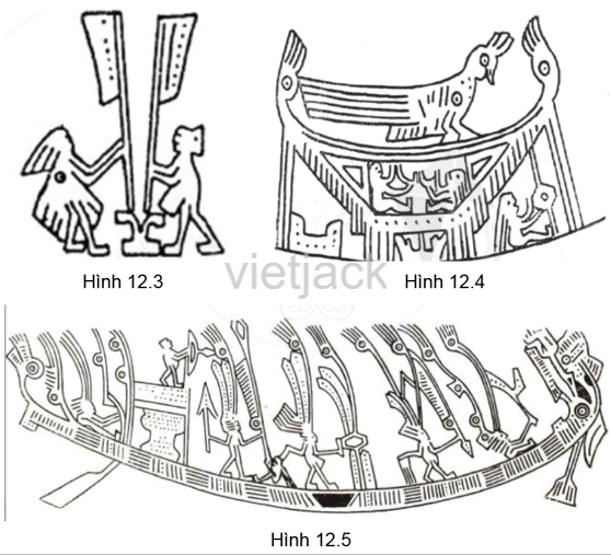 Những hoa văn trên trống đồng trong các hình 12.3 đến 12.5 cho em biết gì