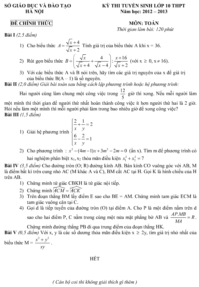 Đề thi tuyển sinh vào lớp 10 Hà Nội năm 2012 môn Toán