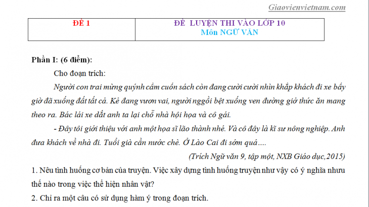 50 Đề ôn thi vào lớp 10 môn Văn có đáp án