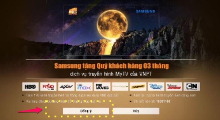 Giao diện ứng dụng MyTV hiển thị thông tin khuyến mãi, bạn chọn chữ "Đồng ý