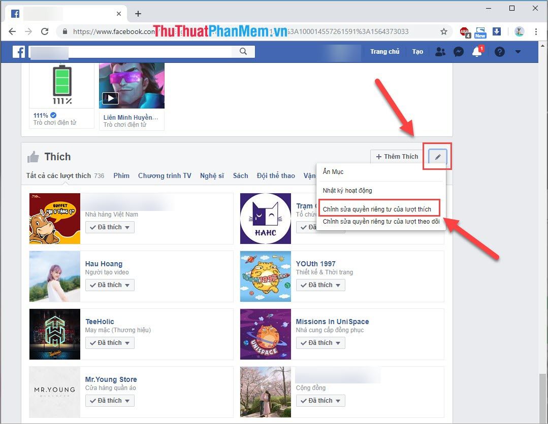 Chọn Chỉnh sửa quyền riêng tư của lượt thích
