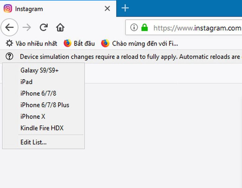 Cách đăng hình lên Instagram bằng laptop trên Firefox rất đơn giản chọn thiết bị di động