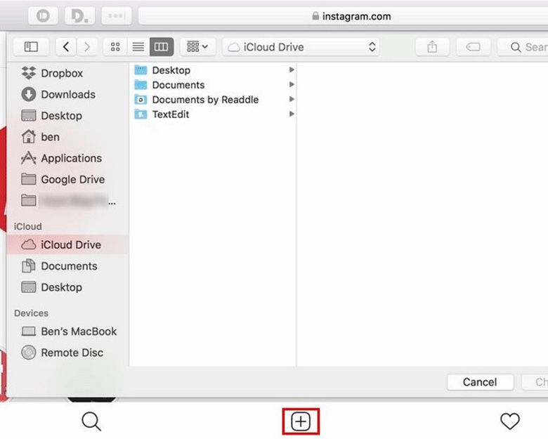 Cách đăng hình lên Instagram bằng MacOS ấn biểu tượng dấu "+" để đăng ảnh