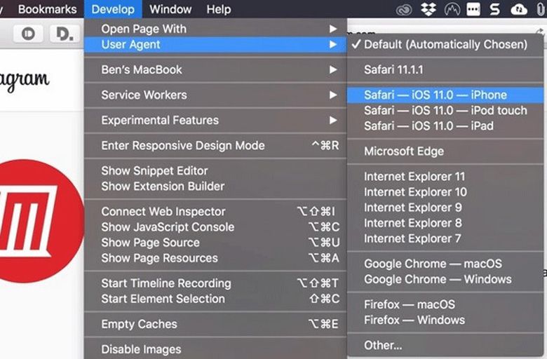 Cách đăng hình lên Instagram bằng MacOS chọn User Agent Safari — iOS 11.0 — iPhone