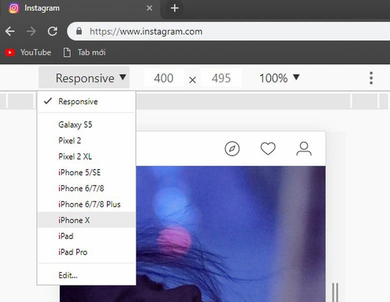 Cách đăng hình lên Instagram bằng laptop trên trình duyệt Chrome trong phần Responvise chọn thiết bị di động bất kỳ