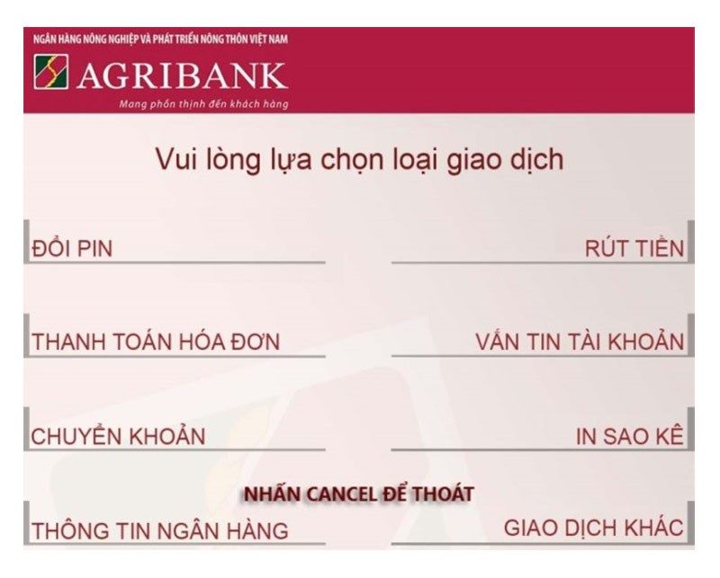 Chọn dịch vụ giao dịch trên ATM