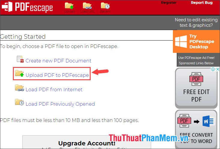 Click vào mục Upload PDF to PDFescape
