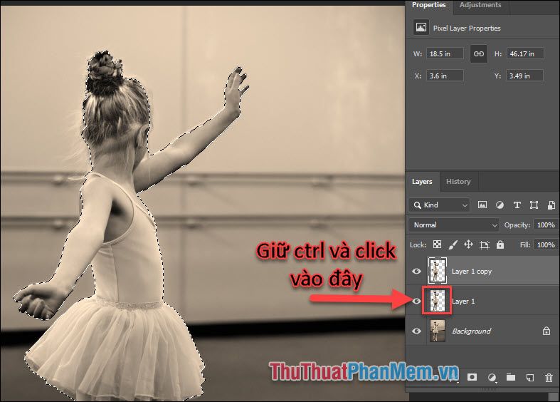 Ctrl và click vào hình thumbnail của Layer 1