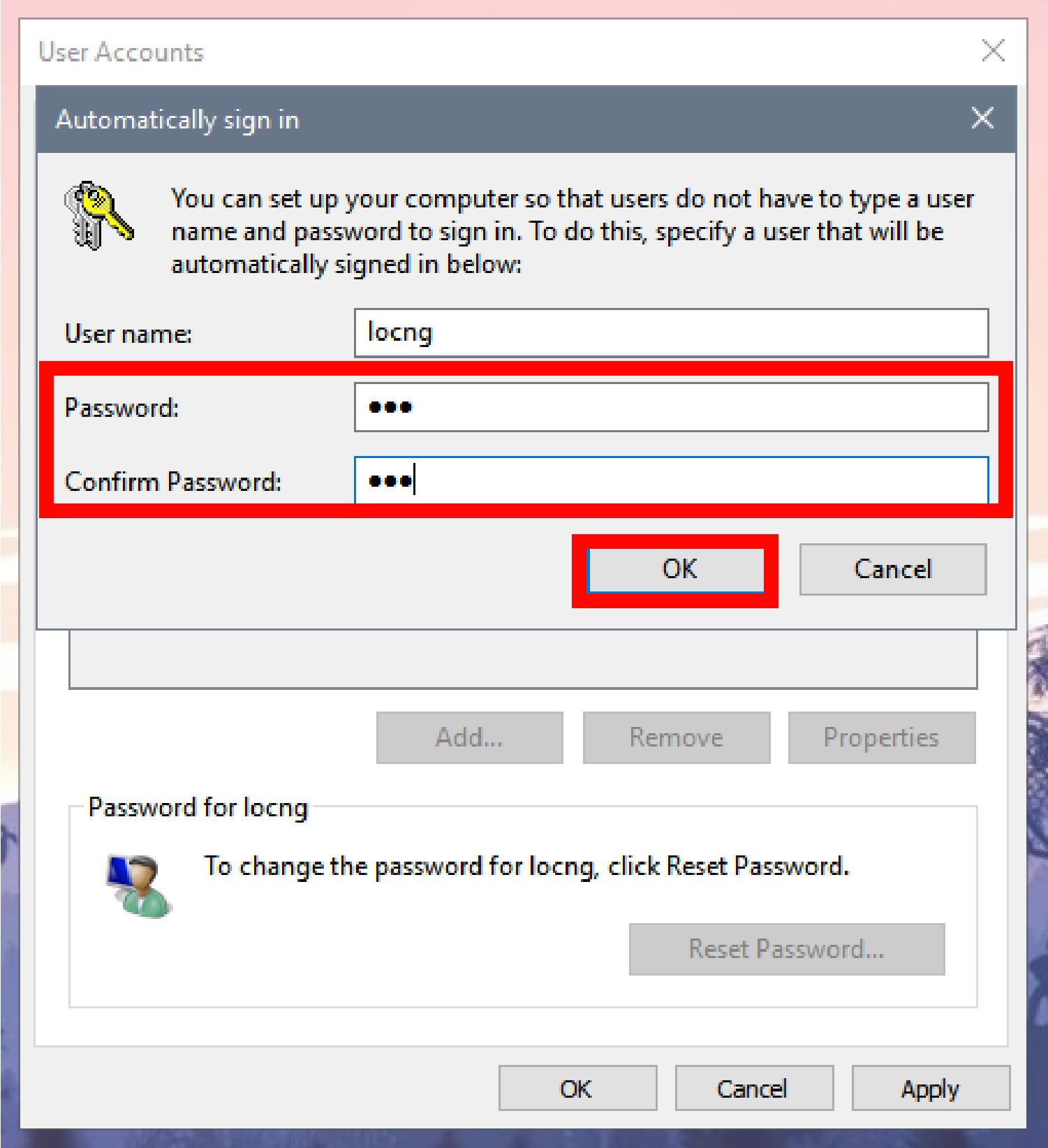 Bạn hãy điền mật khẩu và xác nhận lại mật khẩu. Cuối cùng là nhấn OK.