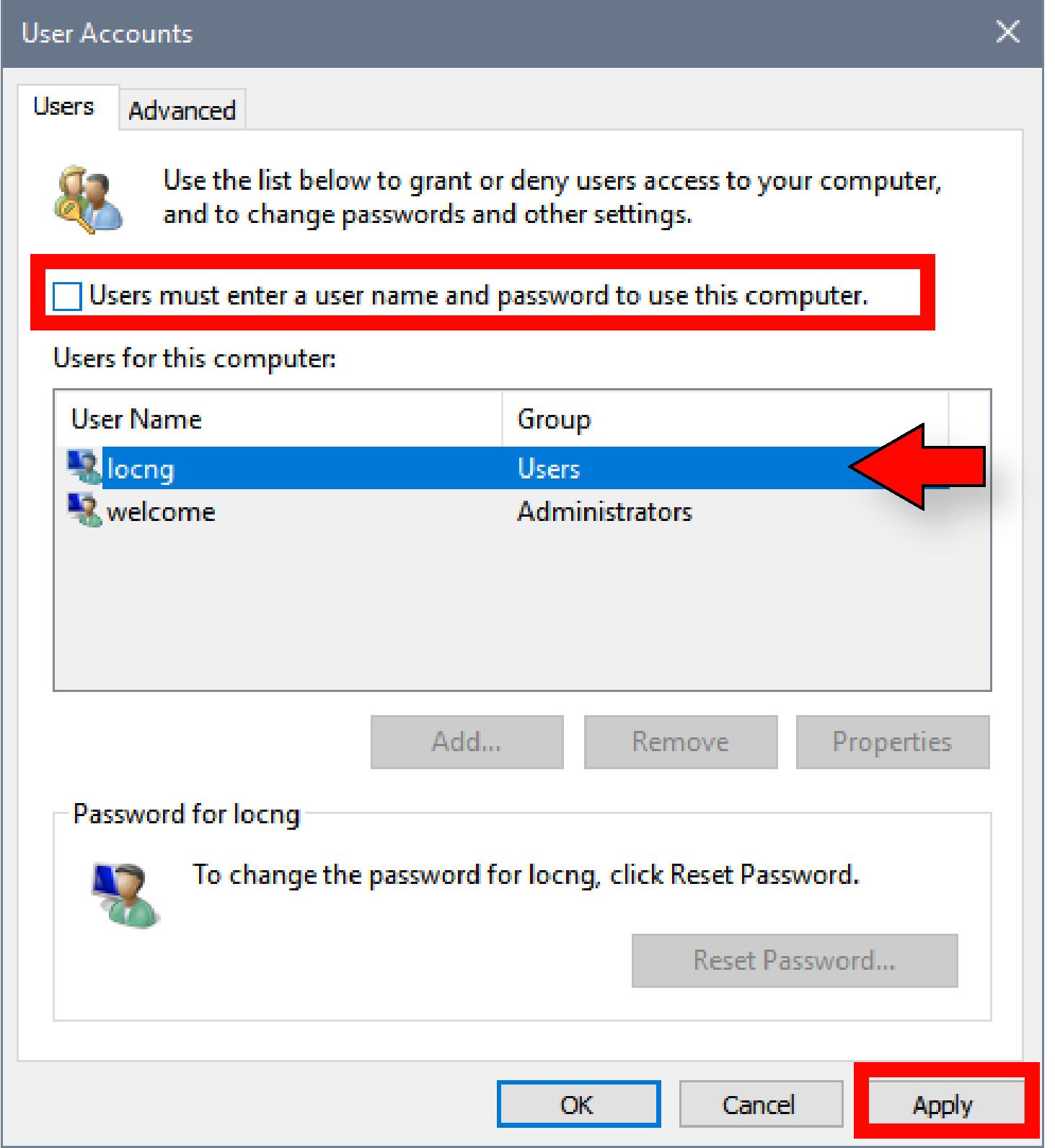 Chọn tài khoản muốn xóa mật khẩu xong bỏ tích khung Users must enter a user name and password to use this computer rồi nhấn Apply.
