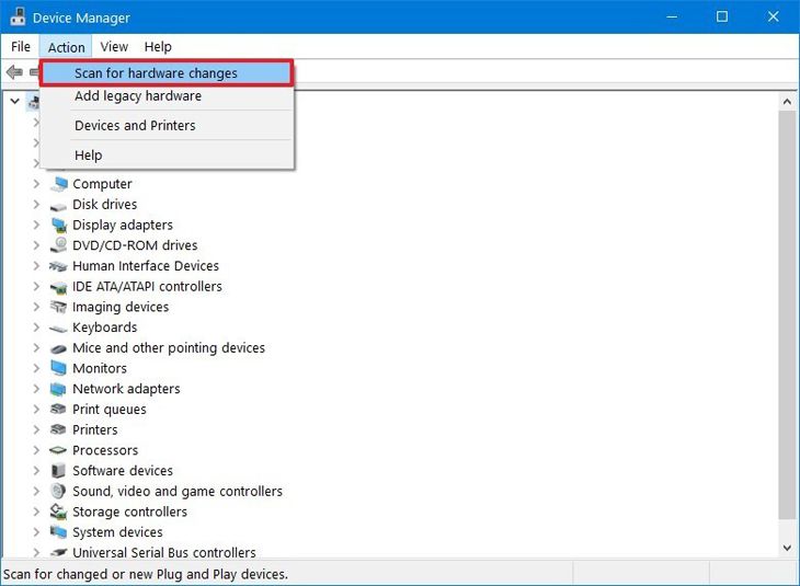 Chọn Scan for Hardware Changes từ menu. Trình quản lý thiết bị Device Manager sẽ kiểm tra bàn phím máy tính của bạn.