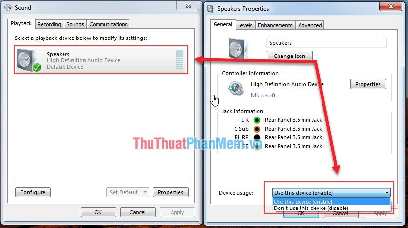 Nhấp vào thiết bị âm thanh và chọn mục Use this device (enable)
