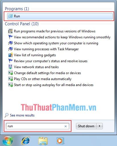 Nhập vào dòng tìm kiếm RUN hoặc nhấn tổ hợp Windows + R