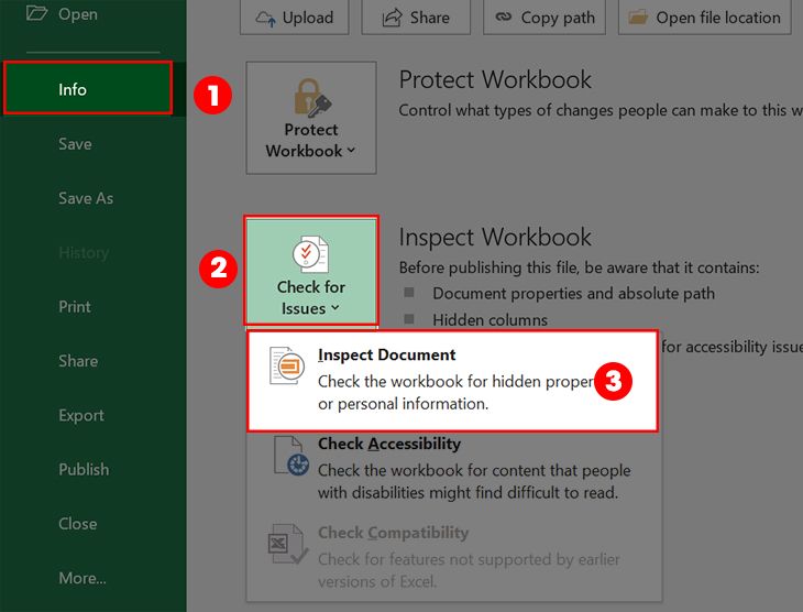 Chọn File Chọn Info Chọn Check for issues Chọn Inspect Document 