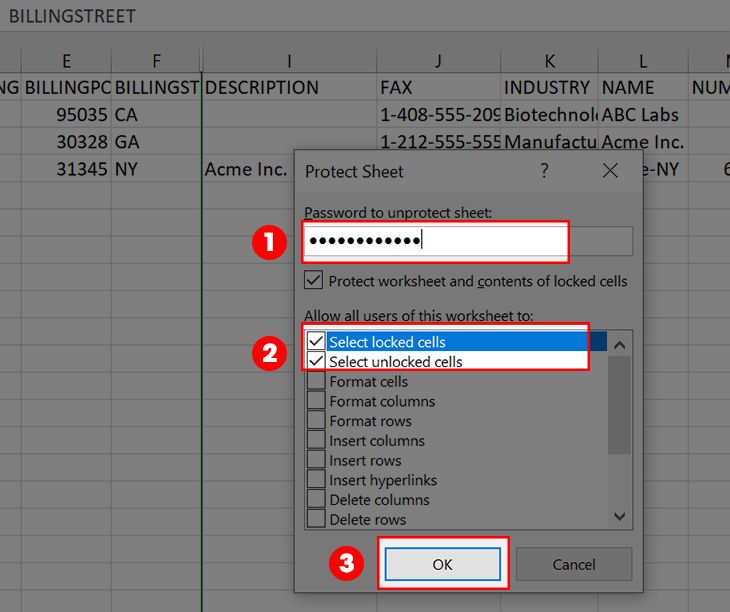 Chọn vào Select locked cells và Select unlocked cells Nhập mật khẩu