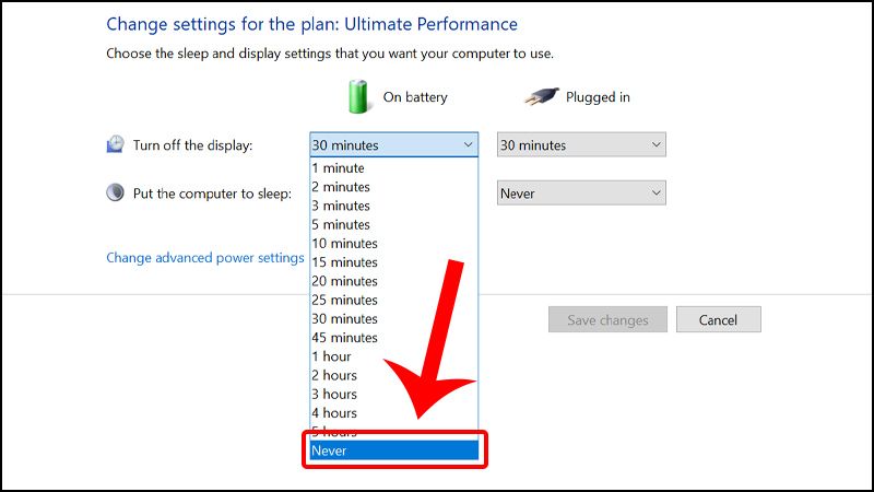 Trong phần On Battery, bạn chọn tất cả các mục đều là Never