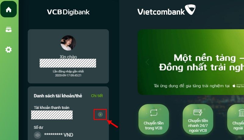 Xem lịch sử giao dịch Vietcombank trên máy tính