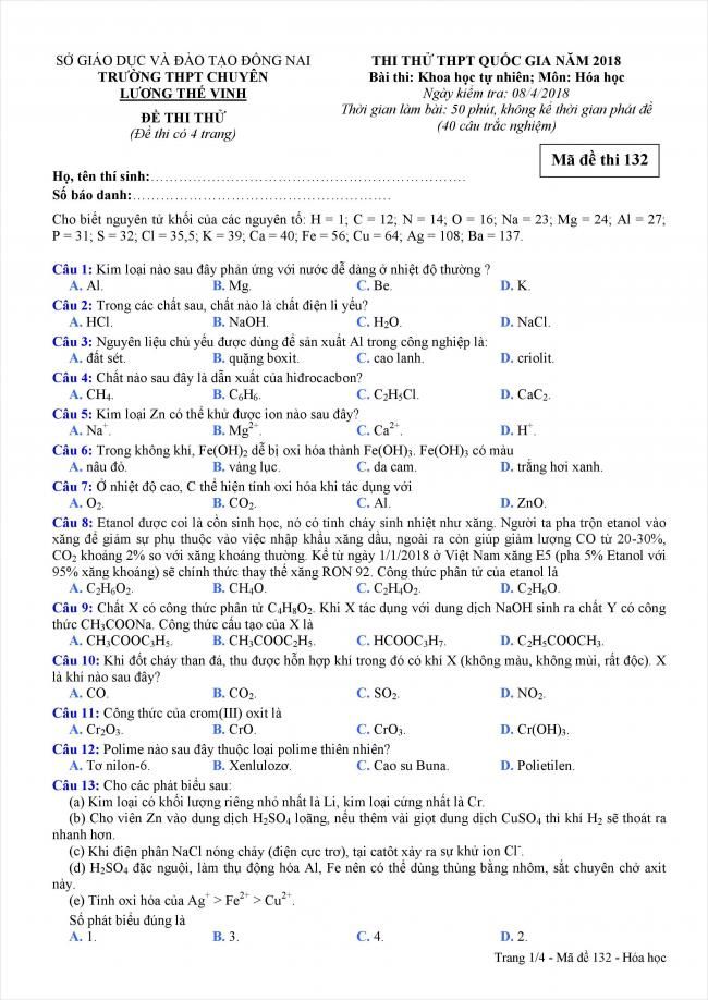 đề thi thử môn hóa THPT chuyên Lương Thế Vinh, Đồng Nai 2018 (1)