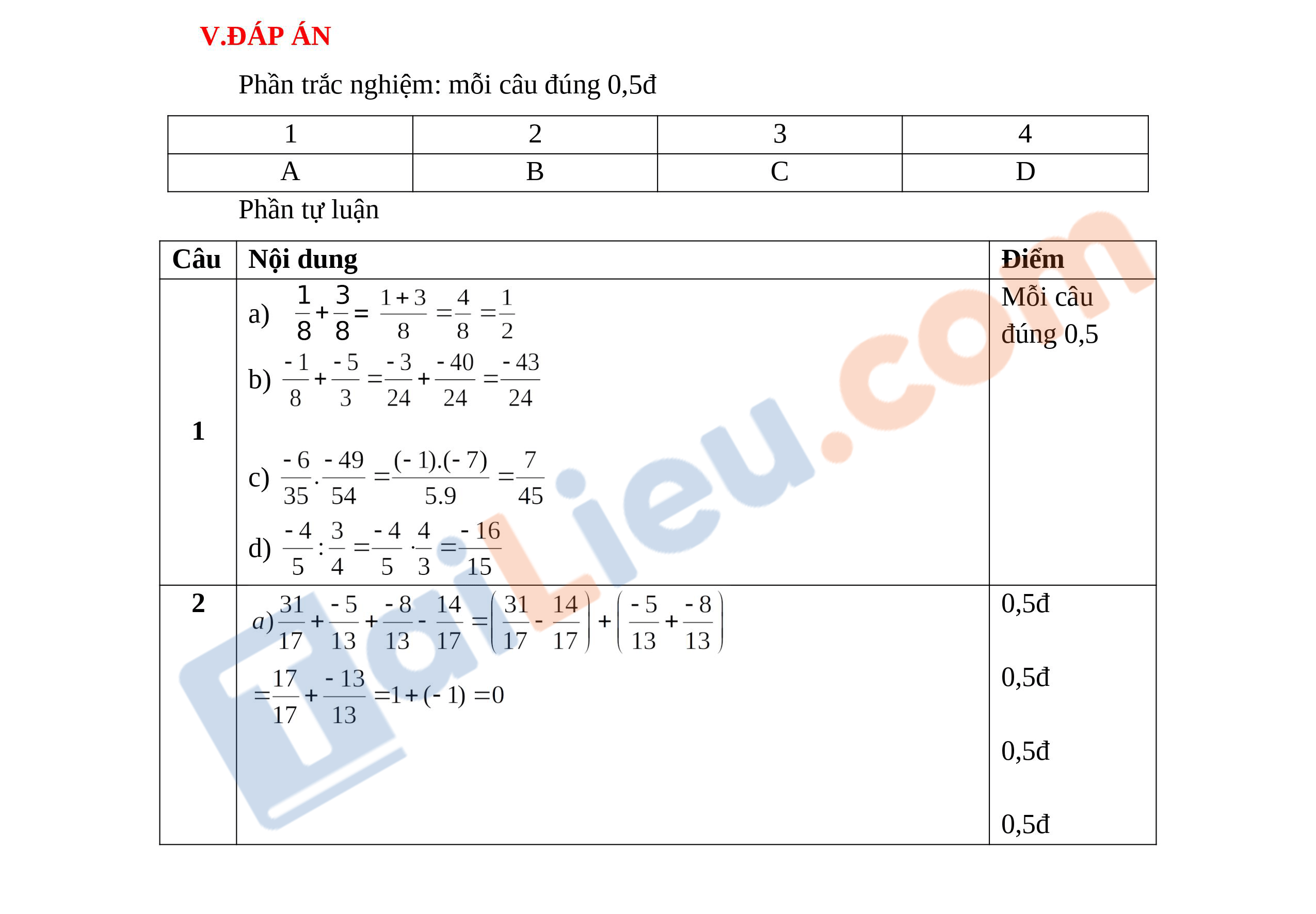 Đáp án Đề thi Toán 6 học kì 2 năm 2021 - Đề số 5