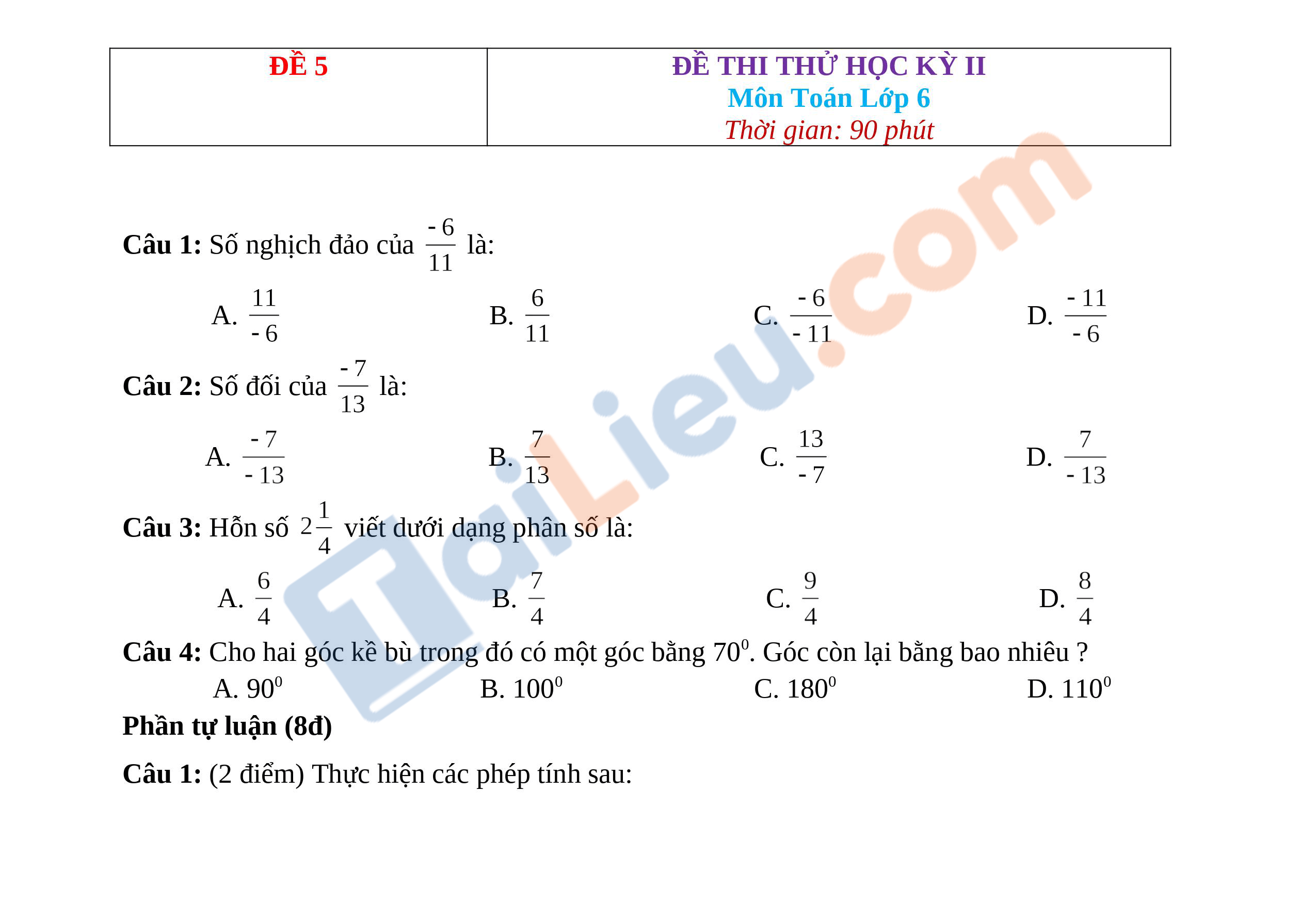 Đề thi Toán 6 học kì 2 năm 2021 - Đề số 5