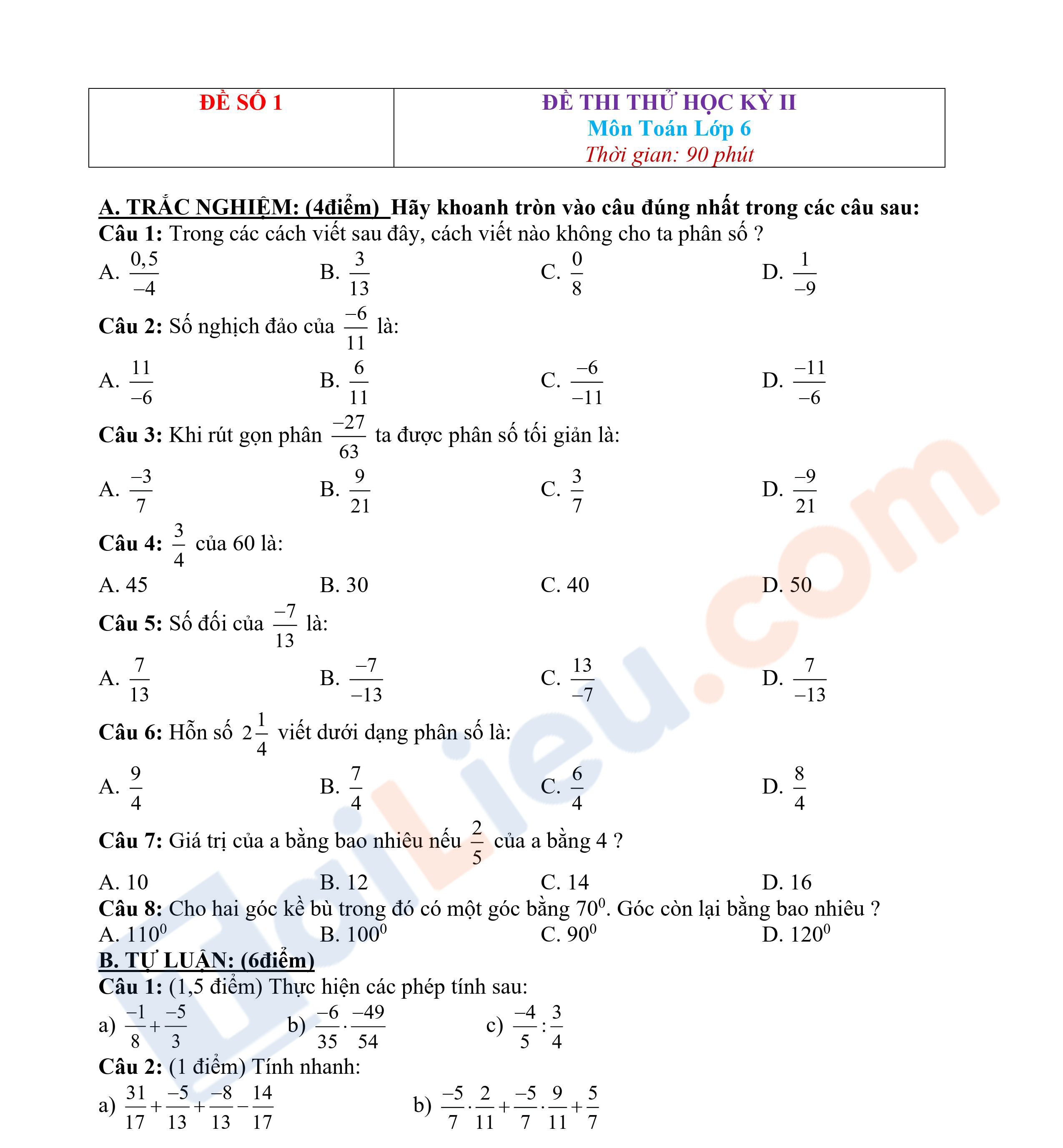 Bộ 5 Đề thi Toán lớp 6 học kì 2 năm 2021 (Có đáp án)