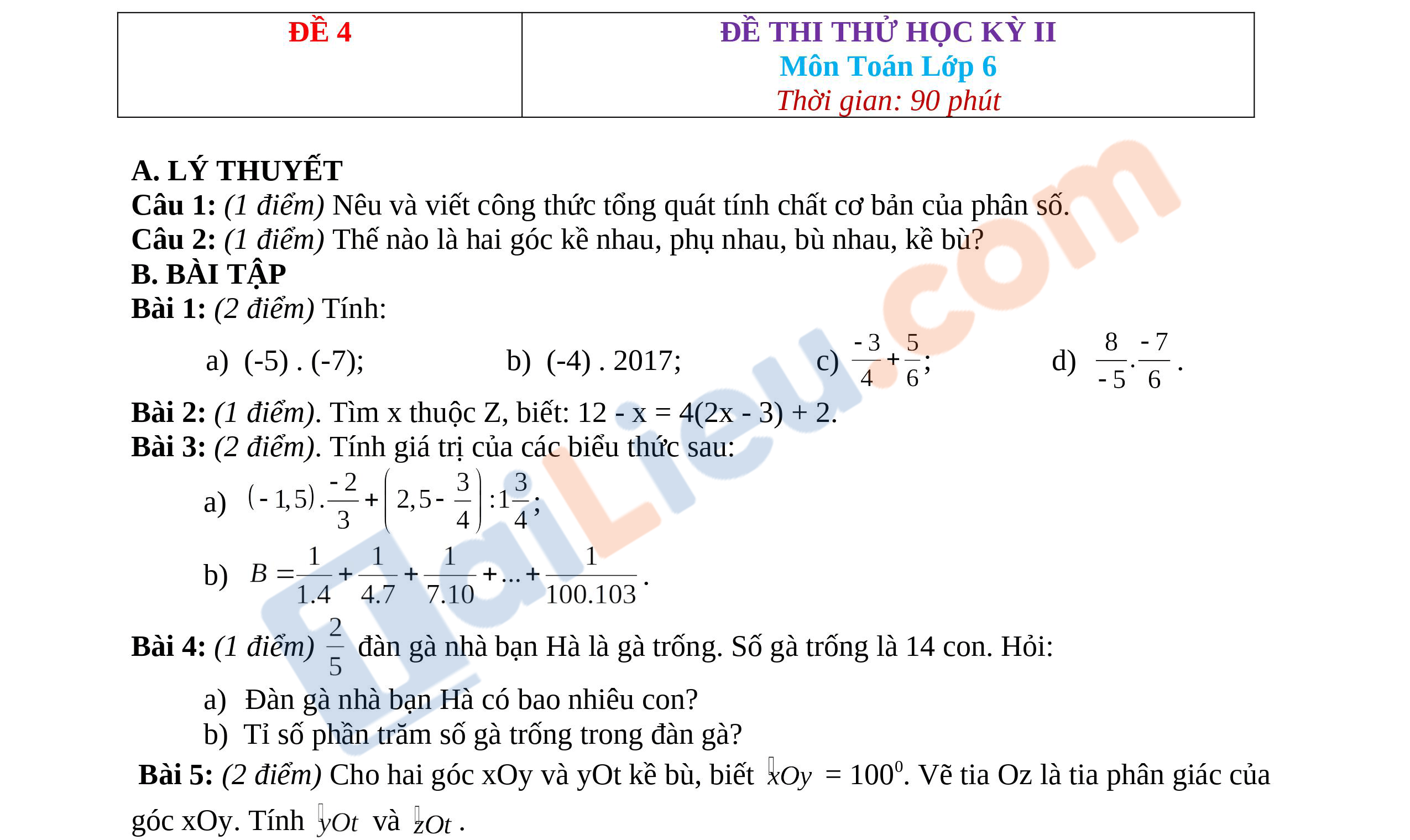 Đề thi học kì 2 môn Toán lớp 6 năm 2021 - Đề số 4