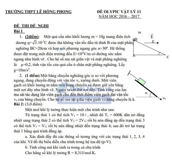 đề thi olympic vật lý 11 trường thpt lê hồng phong