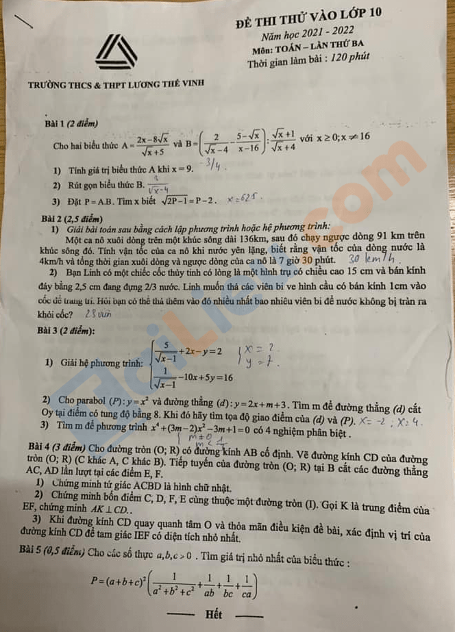 Đề thi thử vào 10 môn Toán 2021 THPT Lương Thế Vinh - Hà Nội (L3)