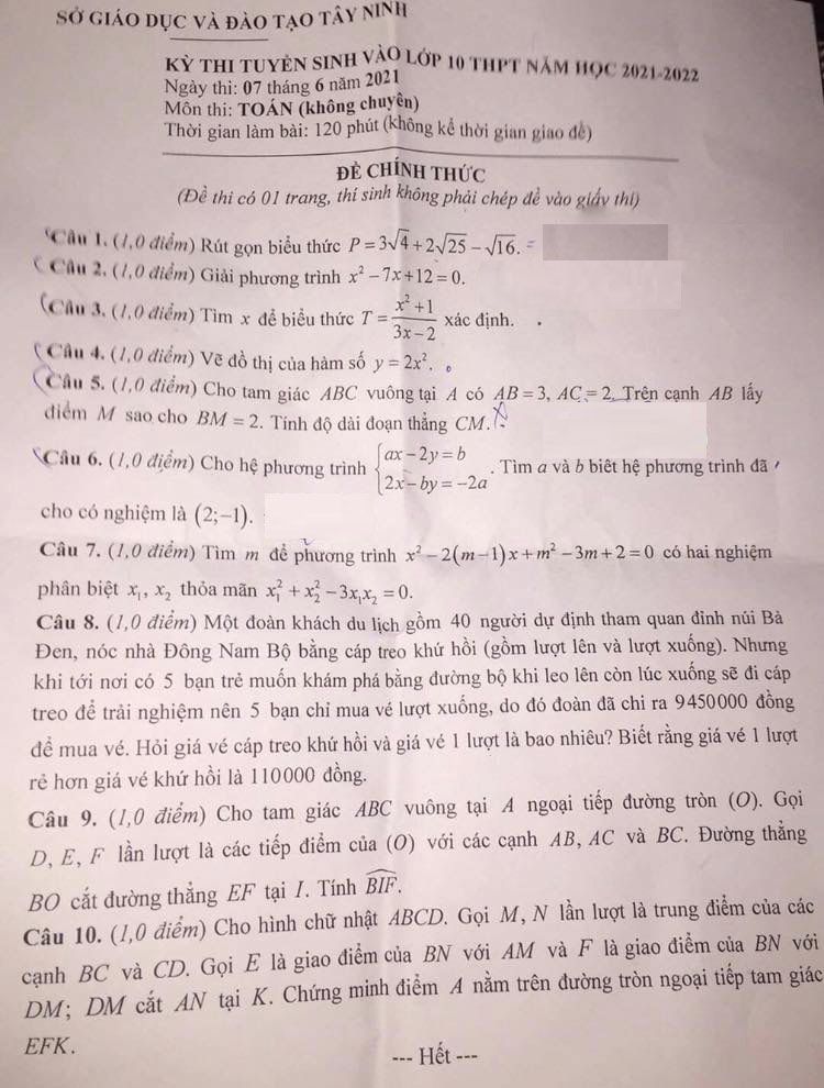 Đề th vào 10 môn Toán tỉnh Tây Ninh năm 2021