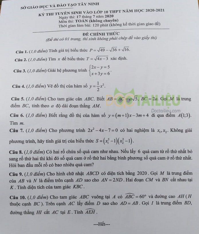 đề thi tuyển sinh lớp 10 môn toán 2020 Tây Ninh