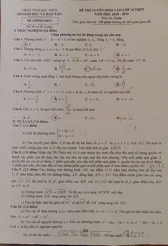 Đề thi vào 10 môn Toán tỉnh Bắc Ninh 2018