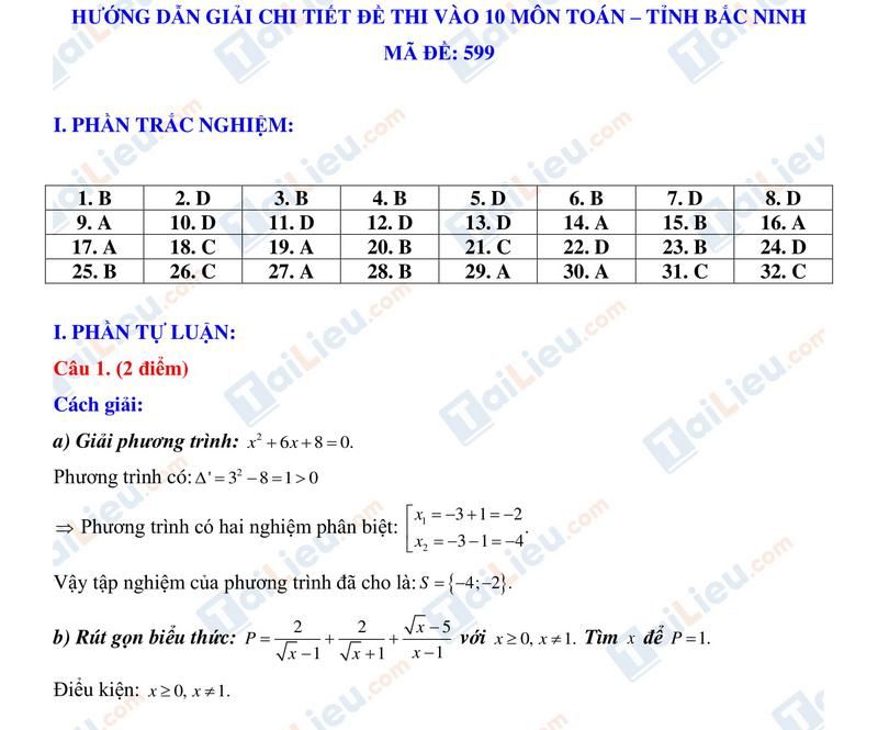 Đáp án tuyển sinh lớp 10 môn Toán Bắc Ninh năm 2020