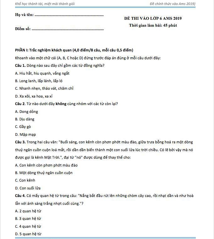 Đề thi Tiếng Việt tuyển sinh lớp 6 của trường Amsterdam và THCS Cầu Giấy năm học 2019-2020, bố mẹ cho con làm thử để test năng lực - Ảnh 2.