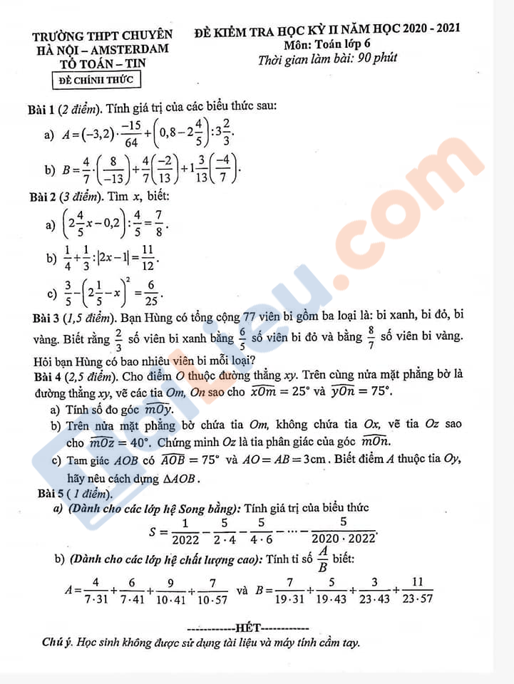 Đề thi Toán lớp 6 học kì 2 năm 2021 Trường Chuyên Amsterdam - Hà Nội 