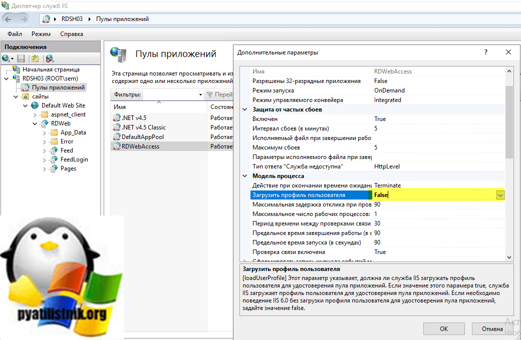 Отключение Load User Profile на пуле IIS