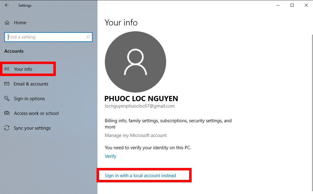 Ở tab Your info, bạn chọn vào Sign in with a local account instead