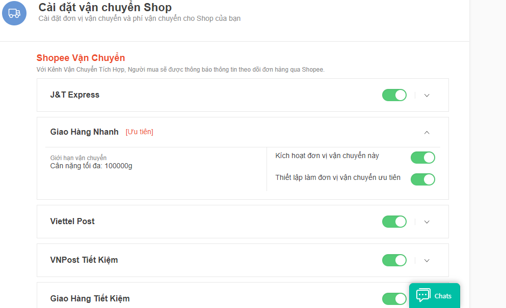 cài đặt vận chuyển trên Shopee