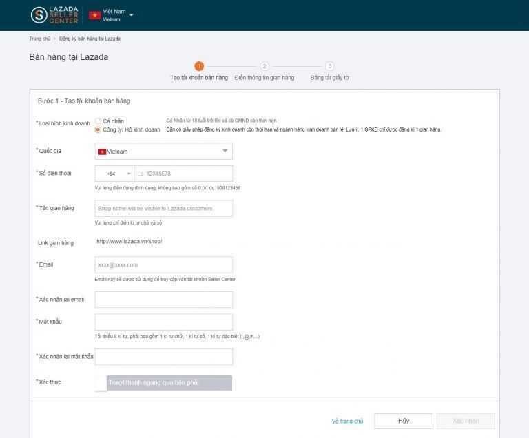 Tạo tài khoản bán hàng Lazada