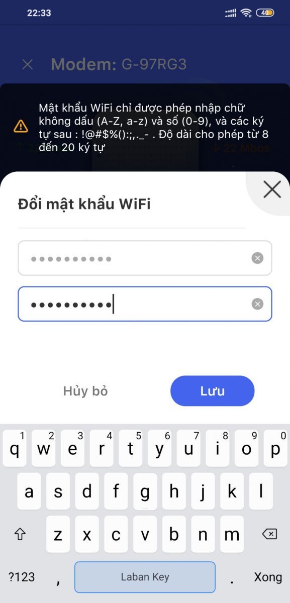 Điền mật khẩu mới của pass wifi vào