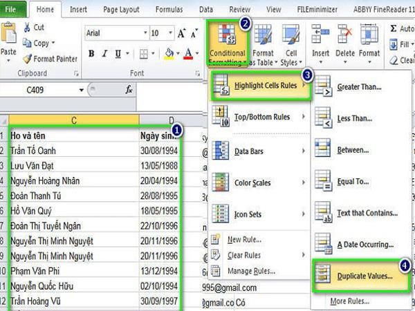 Các bước để lọc dữ liệu trùng trong excel 2010, 2007