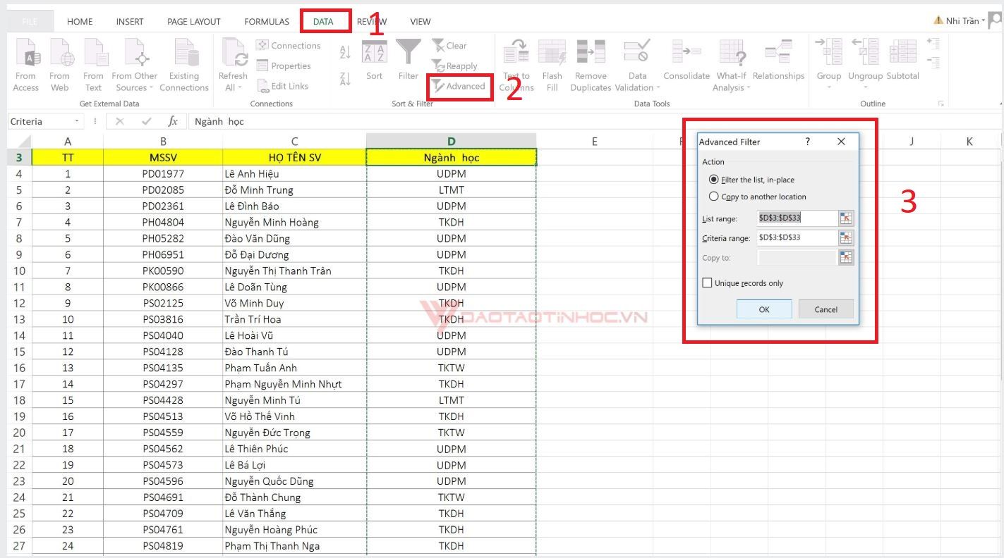 hướng dẫn sử dụng filter trong excel