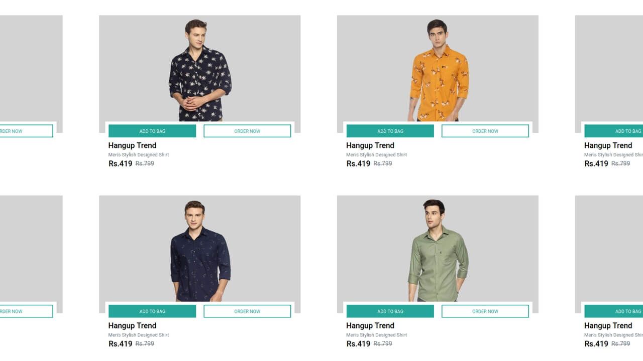 Demo image: Bootstrap 4 Product List with Add to Bag and Order Now Options