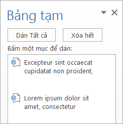 Hiển thị ngăn tác vụ Bảng tạm với nội dung đã sao chép