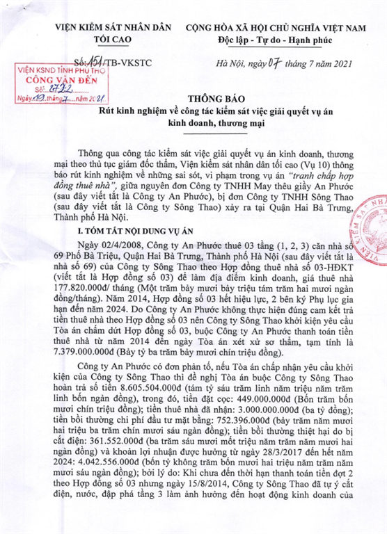 TB rút kinh nghiệm số 151/TB-VKSTC ngày 07/7/2021 về công tác kiểm sát giải quyết vụ án kinh doanh thương mại