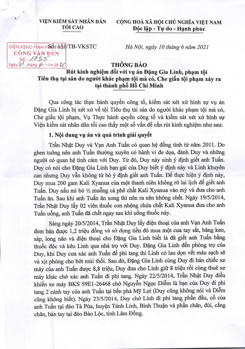 TB rút kinh nghiệm số 131/TB-VKSTC ngày 10.6.2021 đối với vụ án Đặng Gia Linh, phạm tội: Tiêu thụ TS do người khác phạm tội mà có, Che giấu tội phạm xảy ra tại TPHCM