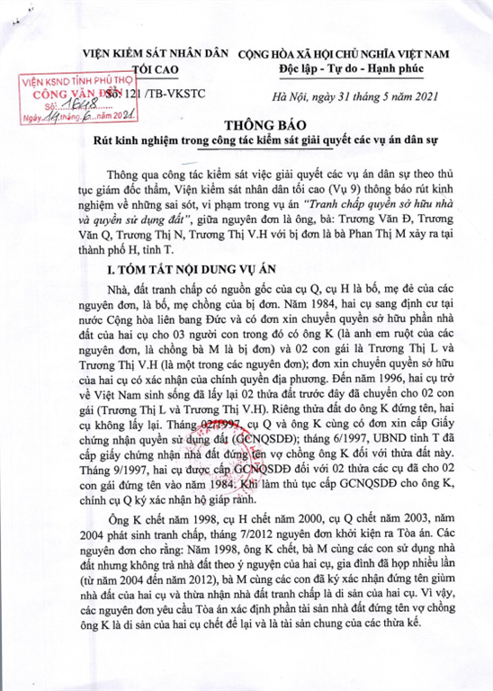 TB rút kinh nghiệm số 121/TB-VKSTC ngày 31.5.2021 trong công tác KS giải quyết các vụ án Dân sự