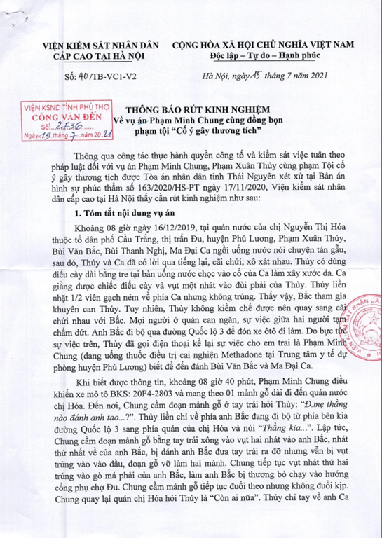 TB rút kinh nghiệm số 40/TB-VC1-V2 ngày 15/7/2021 về vụ án Phạm Minh Chung cùng đồng bọn phạm tội "Cố ý gây thương tích"