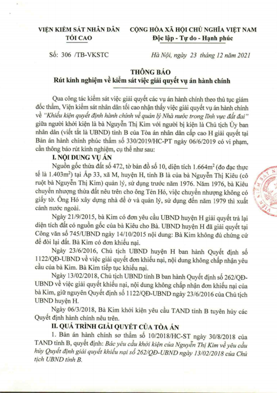 TB rút kinh nghiệm 306/TB-VKSTC ngày 23/12/2021 về kiểm sát việc giải quyết vụ án hành chính