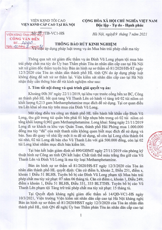 TB rút kinh nghiệm số 39/TB-VC1-HS ngày 09.7.2021 về việc áp dụng pháp luật trong vụ án Mua bán trái phép chất ma túy