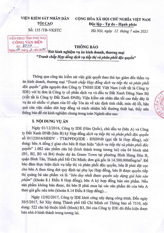 TB rút kinh nghiệm số 155/TB-VKSTC ngày 12/7/2021 về vụ án Kinh doanh thương mại "Tranh chấp Hợp đồng dịch vụ tiếp thị và phân phối độc quyền"